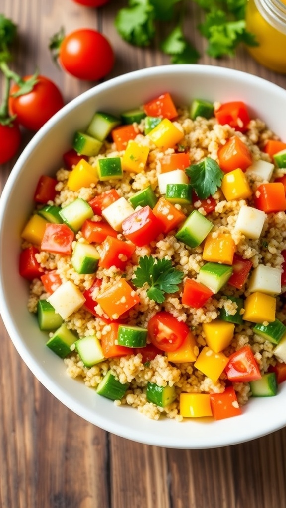 A colorful quinoa salad with bell peppers, cucumbers, cherry tomatoes, and parsley in a bowl, garnished with lemon dressing.